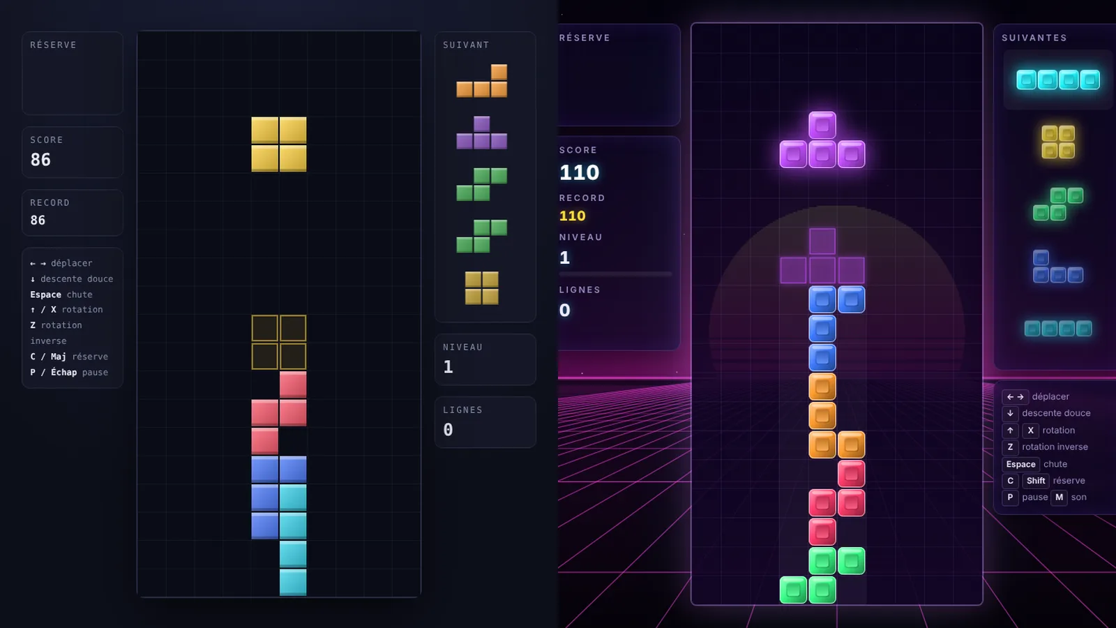 Deux Tetris générés par Claude côte à côte : à gauche un jeu sobre, à droite un jeu au décor néon synthwave