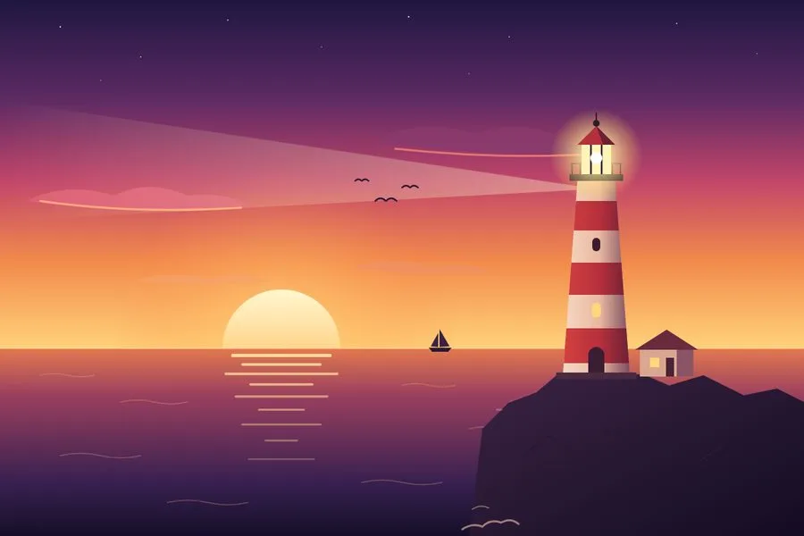 Phare rayé sur une falaise au coucher du soleil