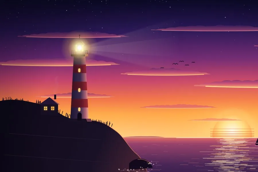 Phare avec faisceau lumineux animé et ciel étoilé