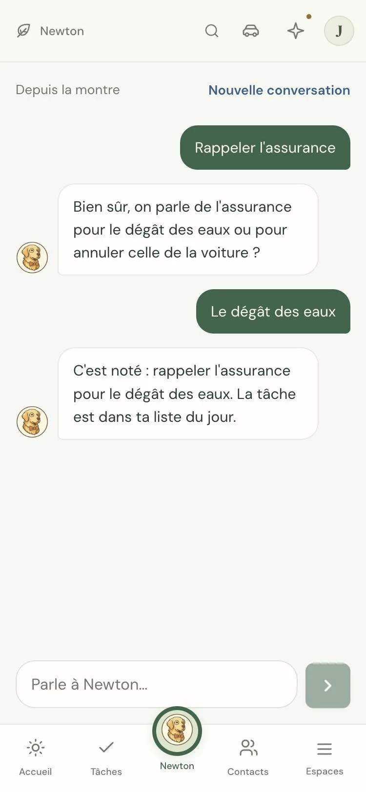 L'app Newton sur le téléphone : la conversation « Depuis la montre », la question de Newton, la réponse « Le dégât des eaux » tapée au clavier, et la tâche notée